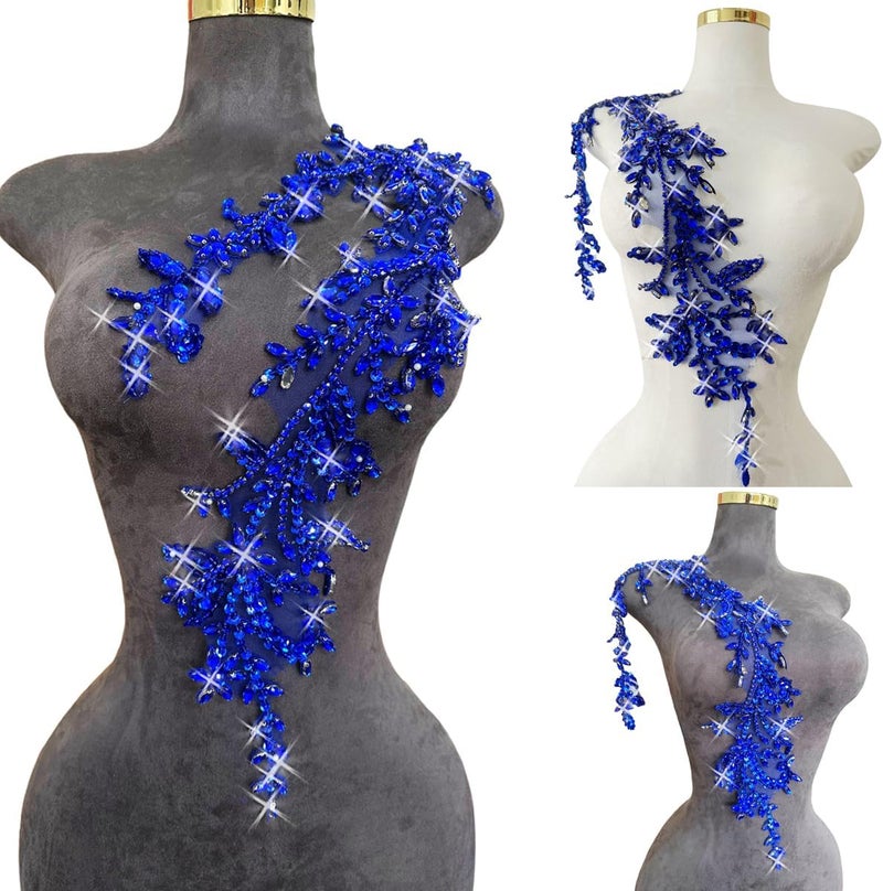 ArtistryXB Handmade Shining Acrylic Rhinestones on lace Applique Sewing Beads Stones Trim Patches Accessories for Wedding Dress 4.3X 23.6inches (Blue) - Image 1